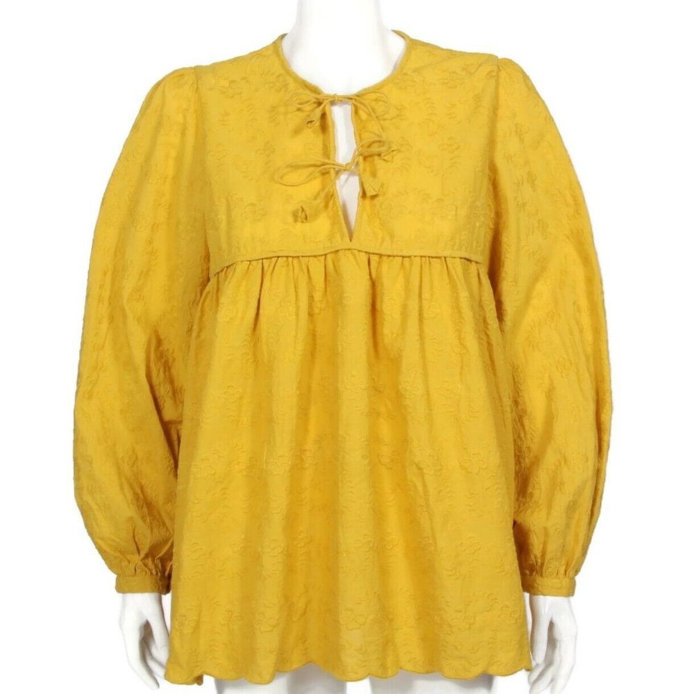 MATTA NY Peasant Top Mustard Yellow Floral Embroidered Tie Boho Top sz M /480